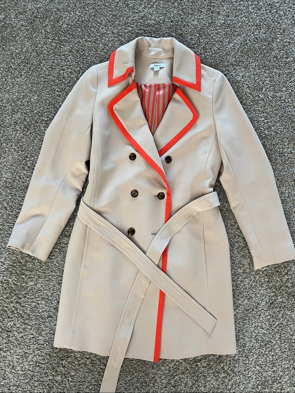 Bar III Cream Trench Coat with Reddish-Orange Trim